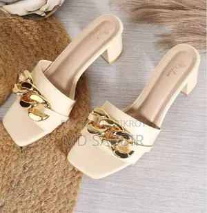 Beige Ladies Heel Sandal With Golden Chain Style