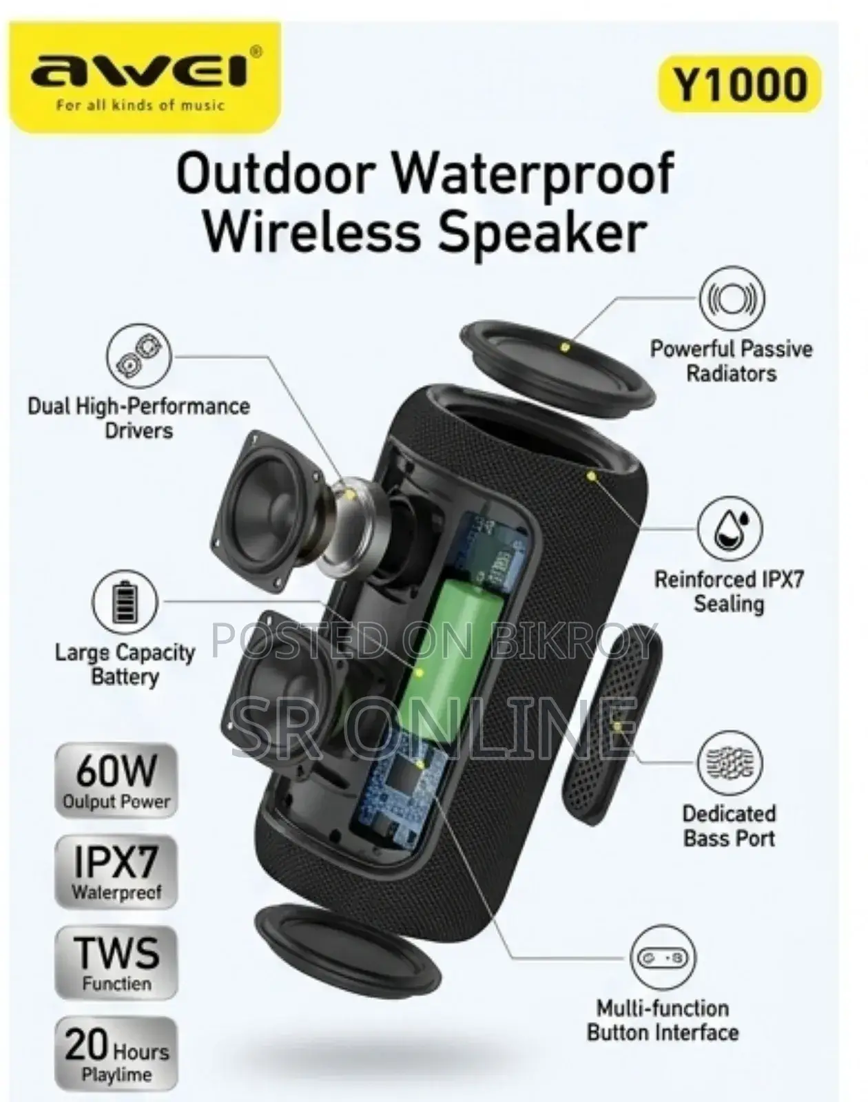 Awei Y1000 60W Outdoor Waterproof Wireless Speaker