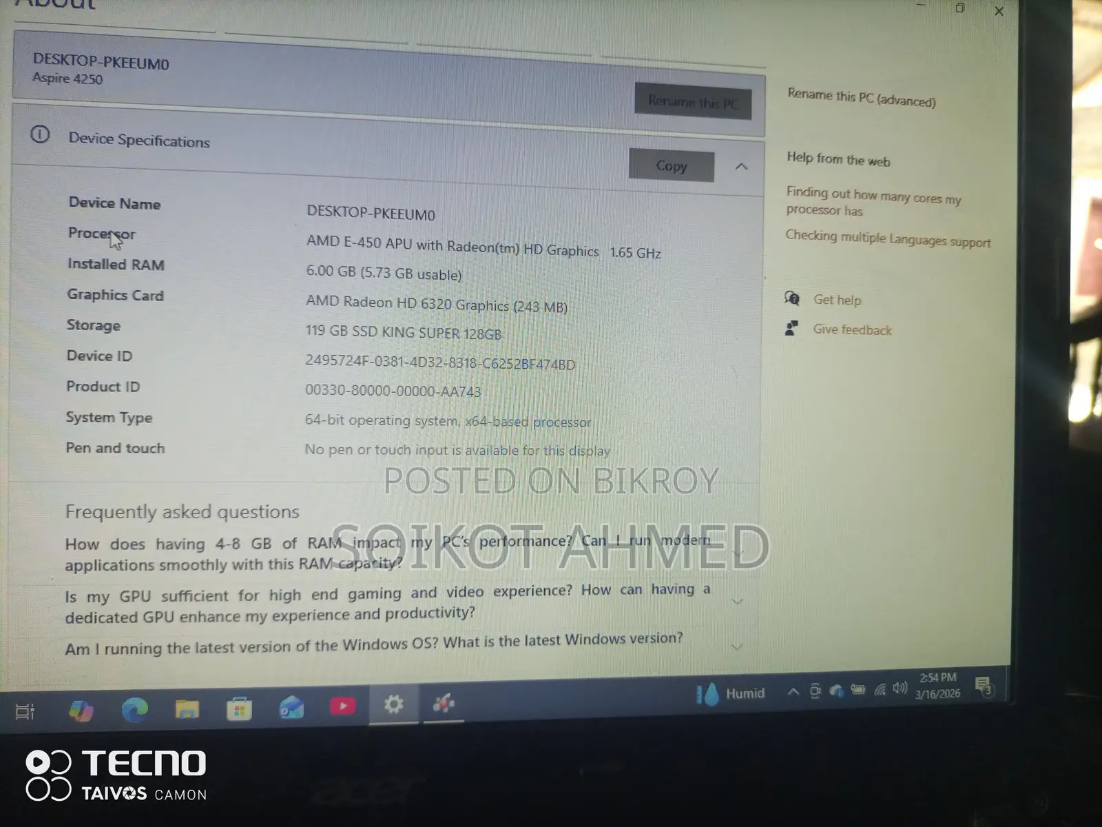Laptop, Everything Working Fine, SSD = 128 GB, RAM 6 GB