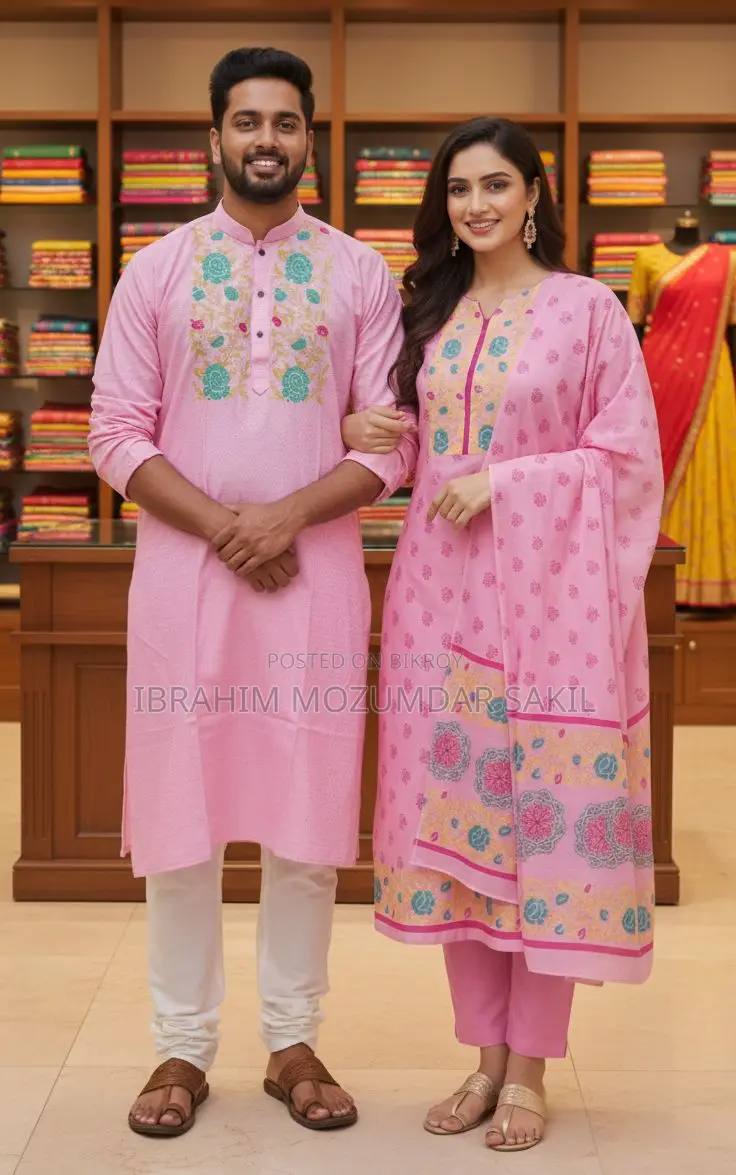 Block Three Piece & Panjabi Couple Set