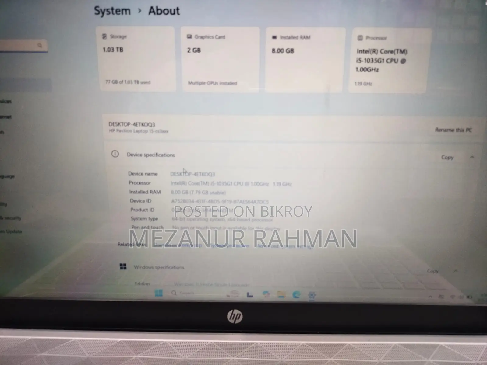 Hp Pavilion 15-cs3055tx Core I5 10th Gen Nvidia Mx130 Graphics