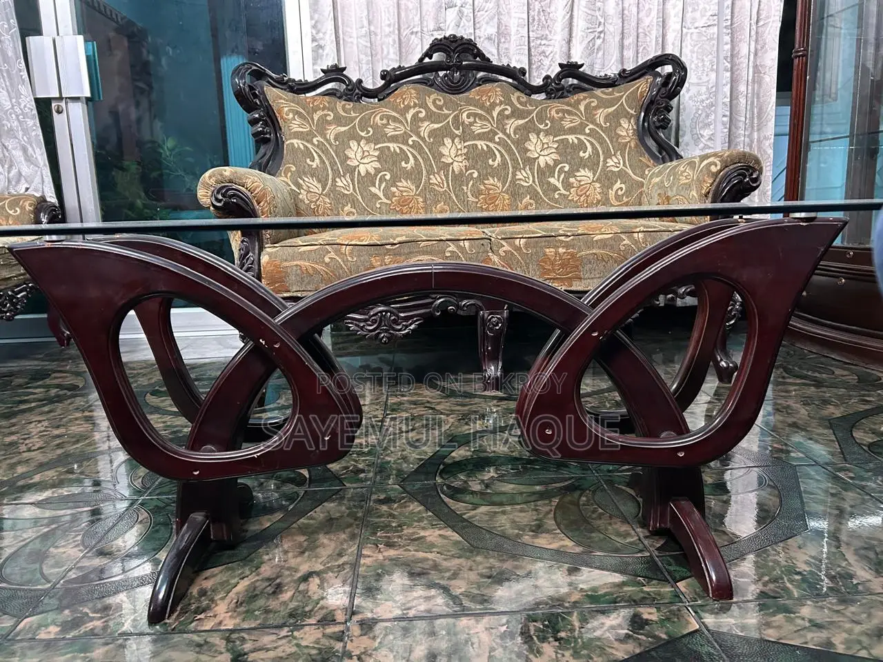 Teak wood sofa, divan set, and table.