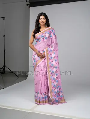 Pink Check and Printed Cotton Saree at 17% Discount