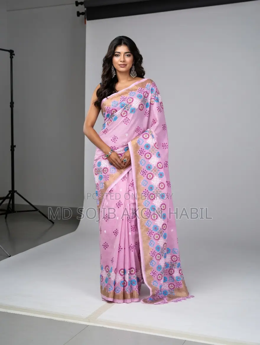 Pink Check and Printed Cotton Saree at 17% Discount