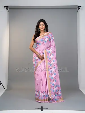 Pink Check and Printed Cotton Saree at 17% Discount