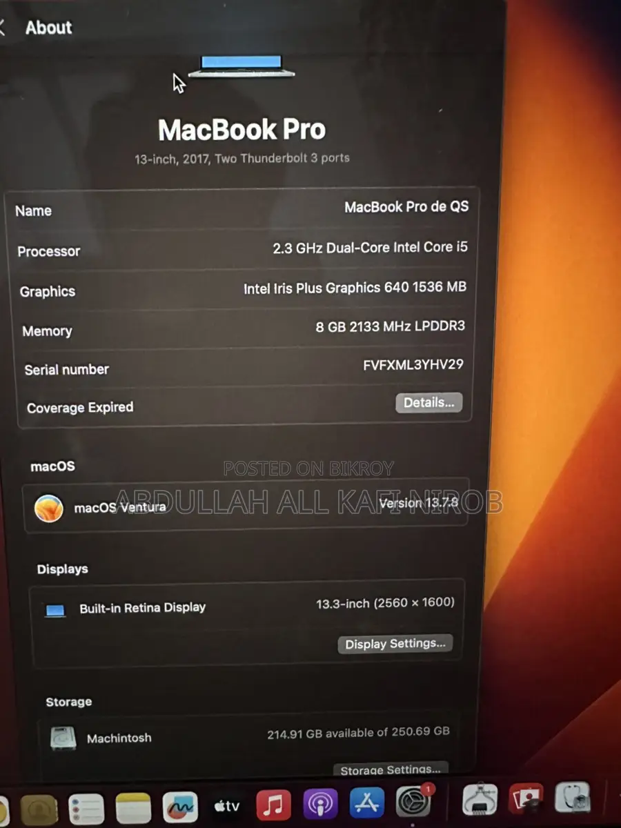 Macbook Pro 2017 Core i5 8GB RAM 256GB SSD 13.3-inch 2K LED Retina