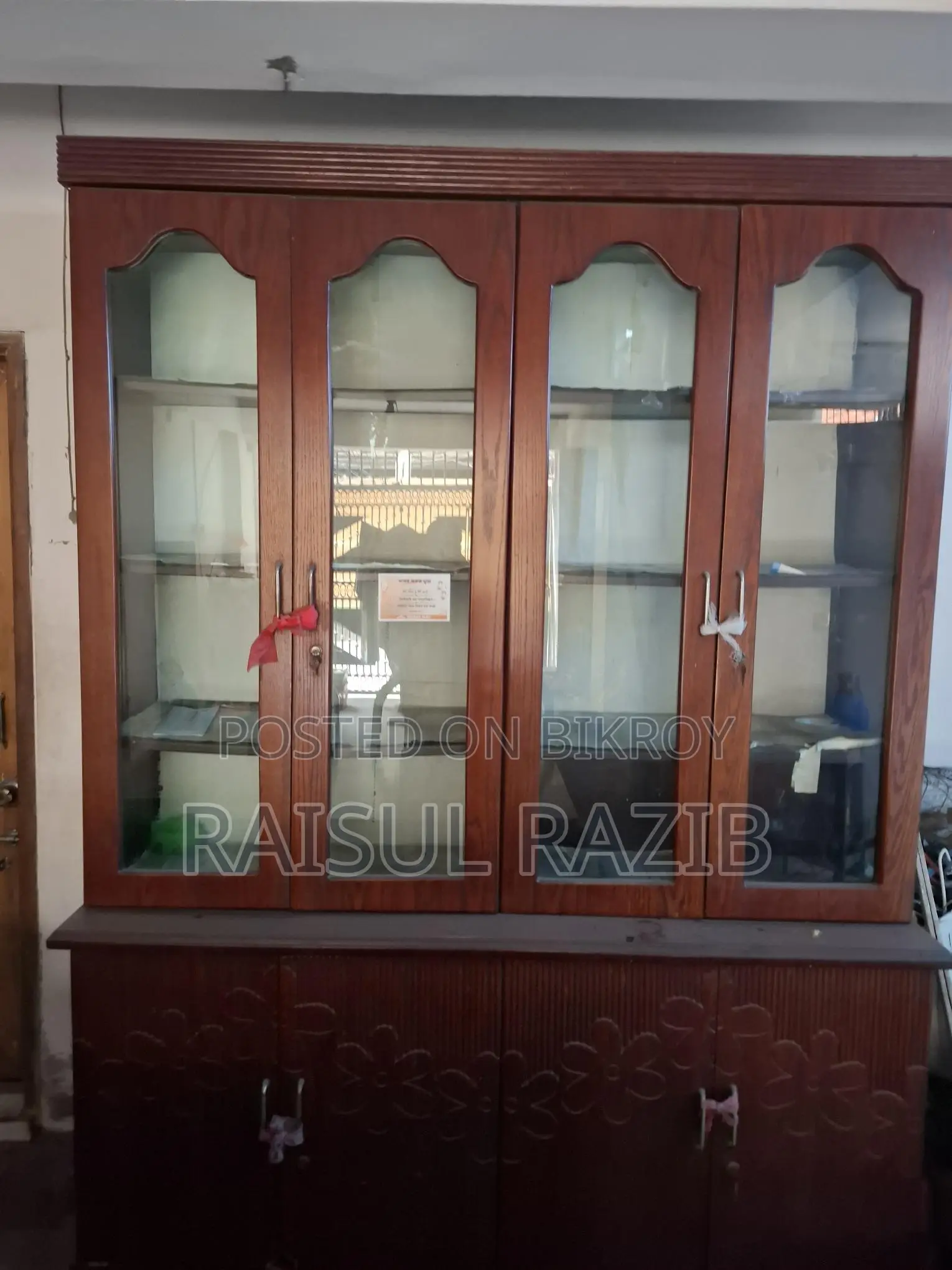 Glass Showcase for Furniture, 8ft Height, 7ft Width. Divided into three parts.