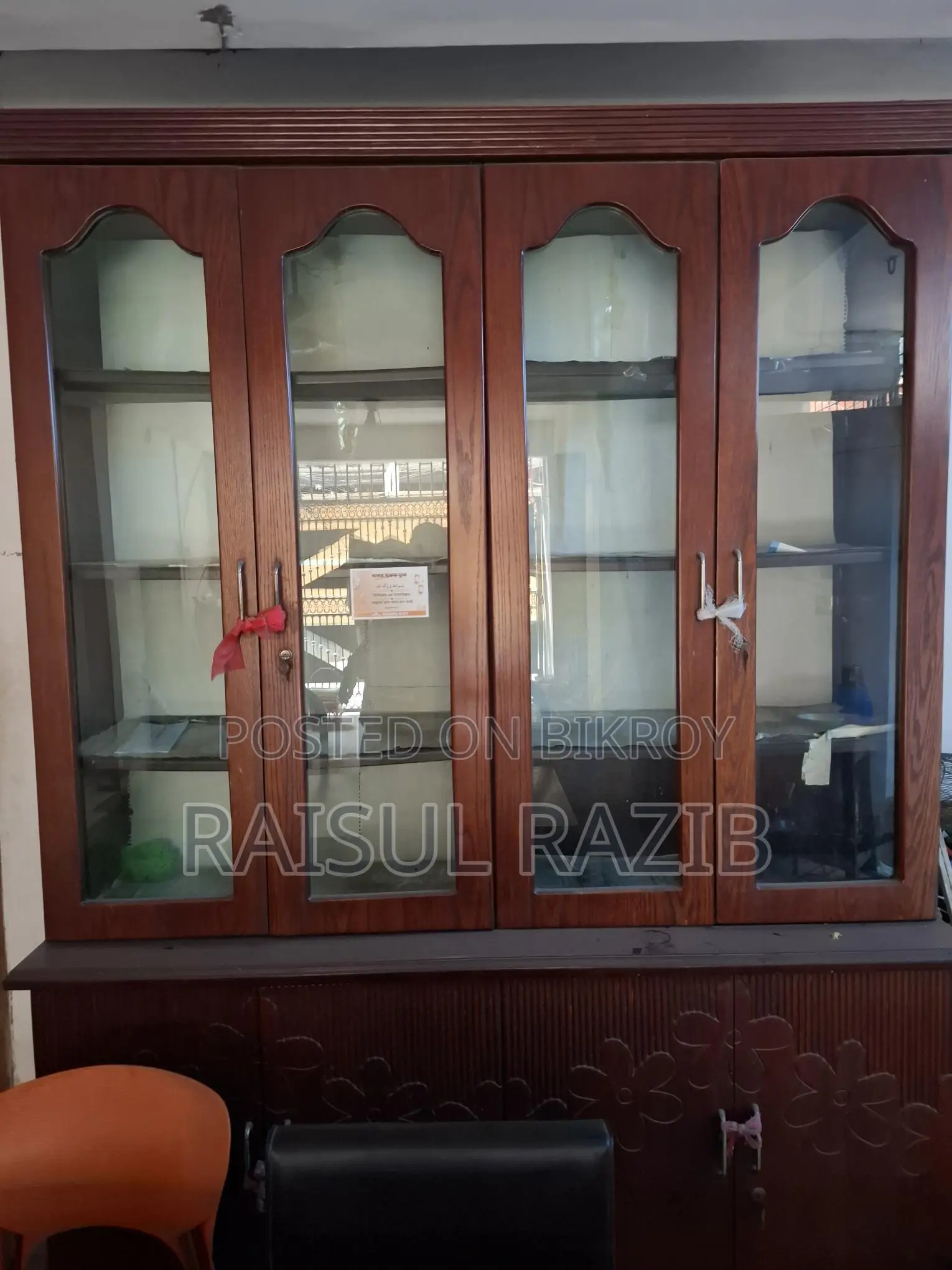 Glass Showcase for Furniture, 8ft Height, 7ft Width. Divided into three parts.