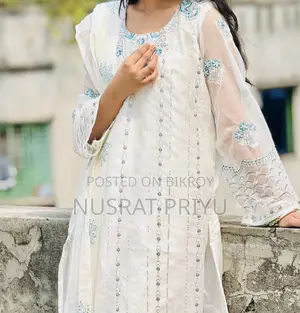 Elegant White Embroidered 3 Piece Dress – Ready Stock