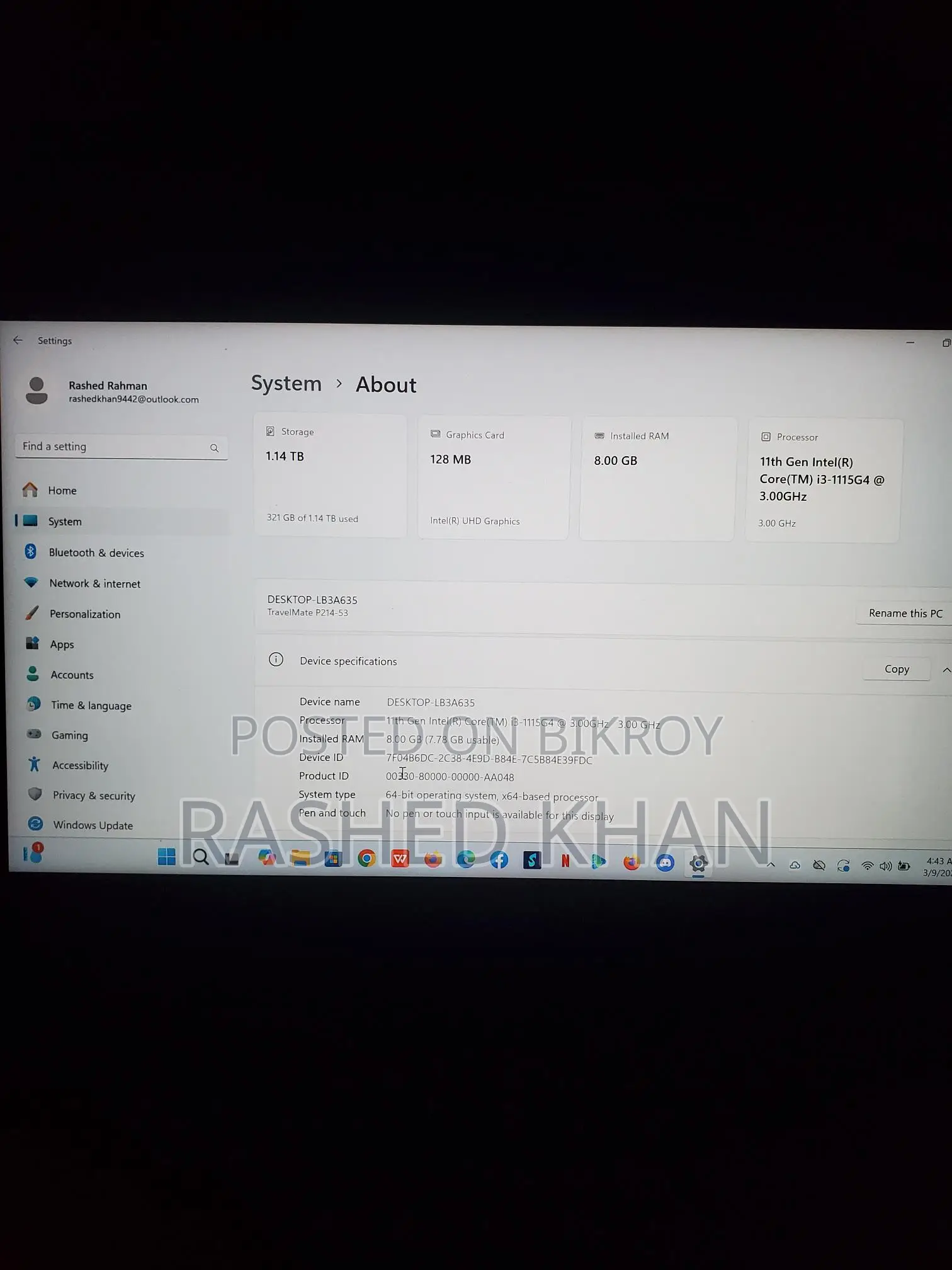 Laptop Acer TravelMate P2 8GB Intel Core I3 HDD 1T