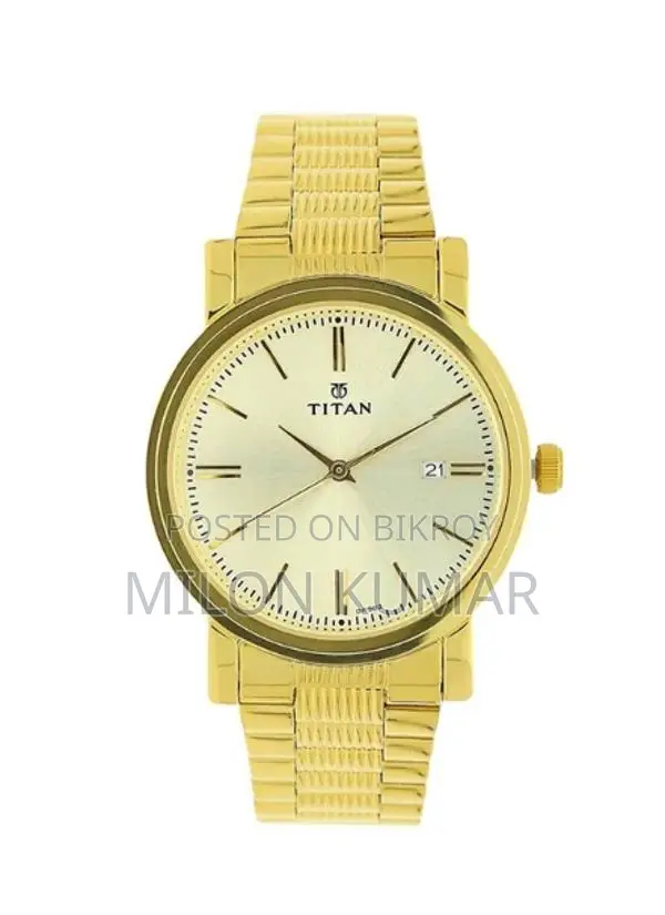 Titan Quartz Analog Watch with Date - Champagne Dial, Stainless Steel Strap