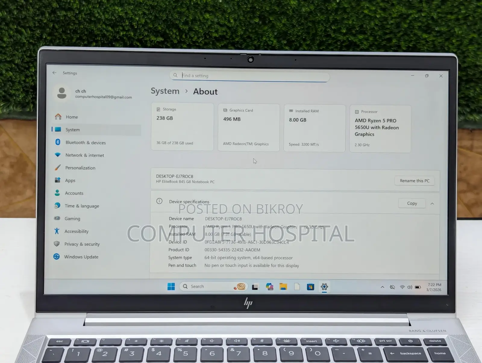 Eid Offer HP Elitebook 845 G8 | Ryzen 5 pro 5650u Ram~8gb Ssd 256gb