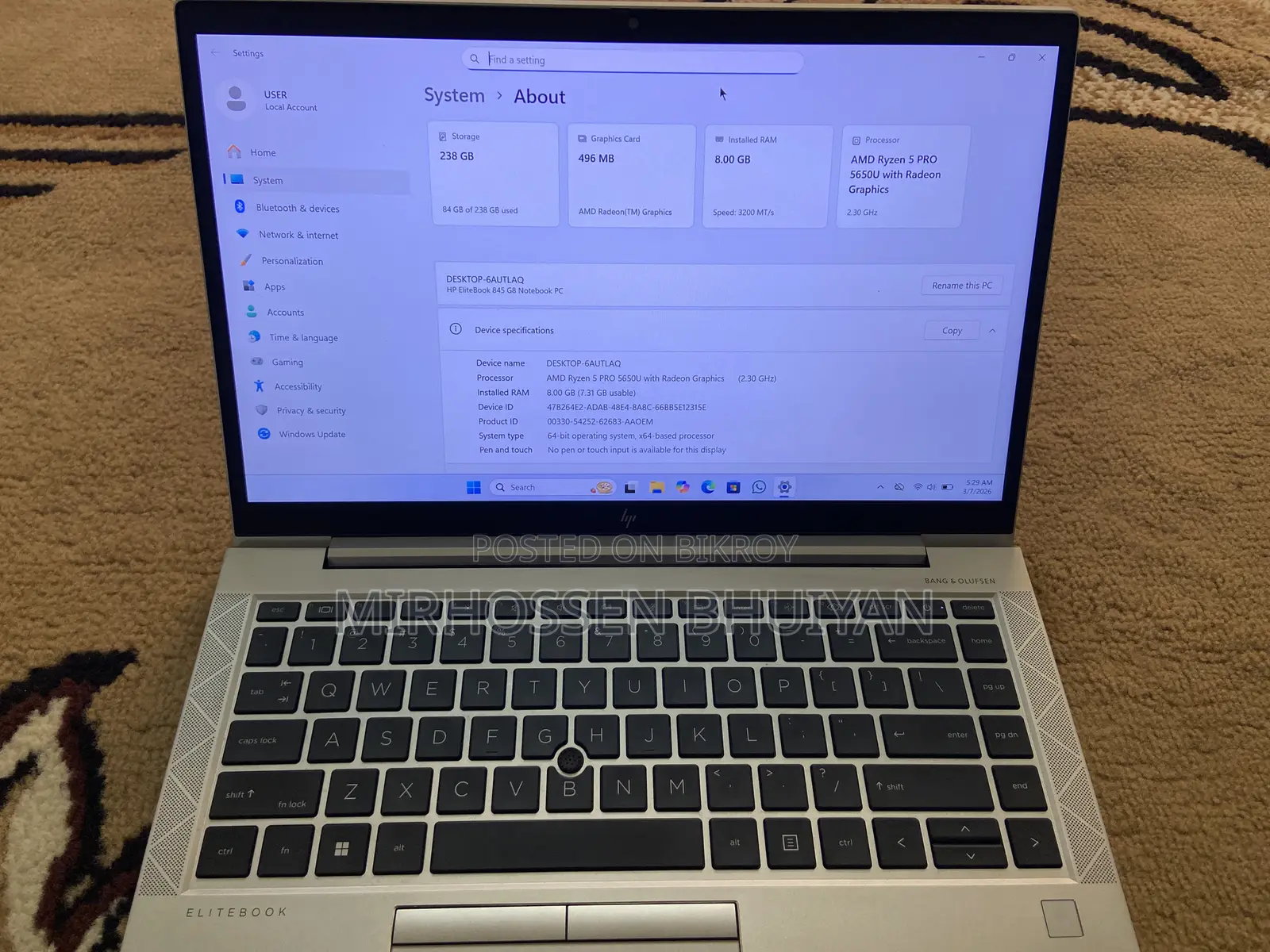 HP EliteBook RAM:8GB Storage:238 Processor: AMD Ryzen 5 PRO 5650U