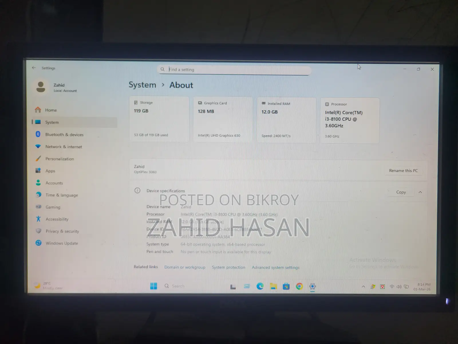 Desktop Intel(R) Core(TM) i3-8100 CPU 3.60GHz