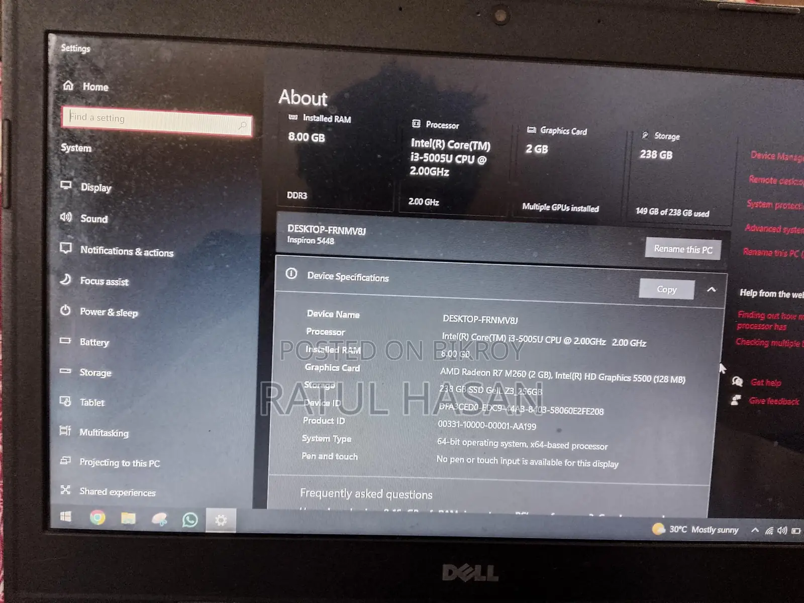 Dell Laptop 256GB SSD
