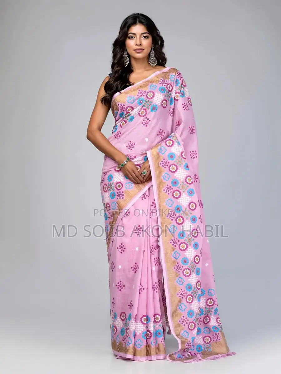 Pink Check and Printed Cotton Saree at 17% Discount
