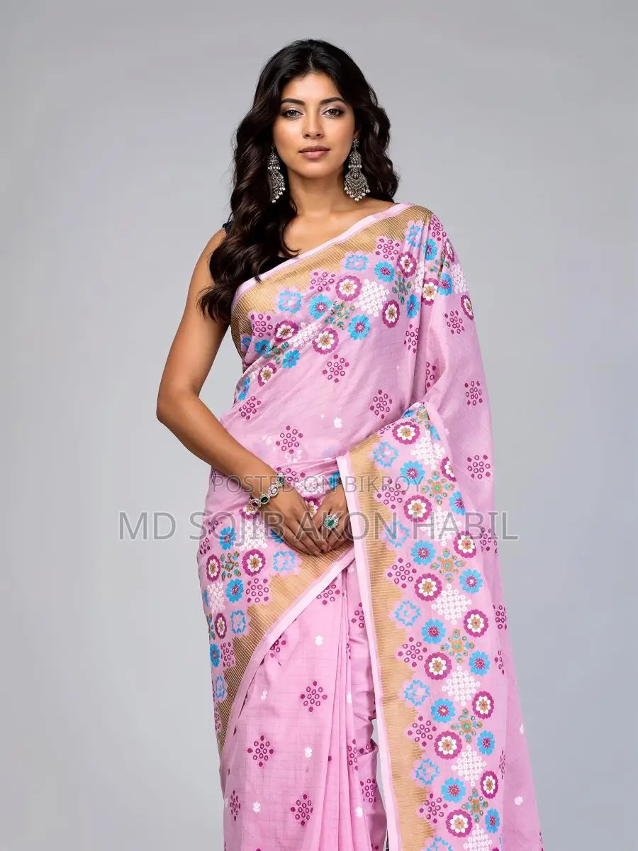 Pink Check and Printed Cotton Saree at 17% Discount