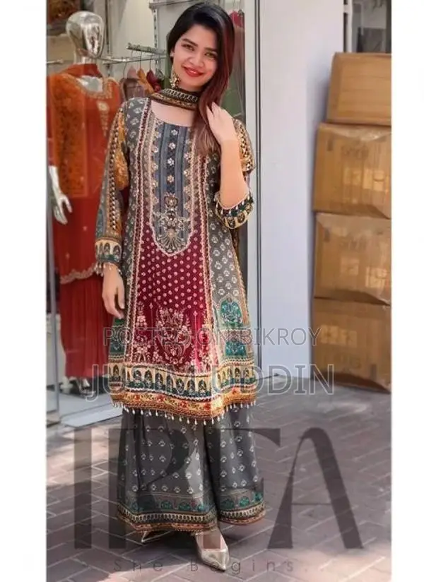 Digital Print Three Piece with Lace Work Design