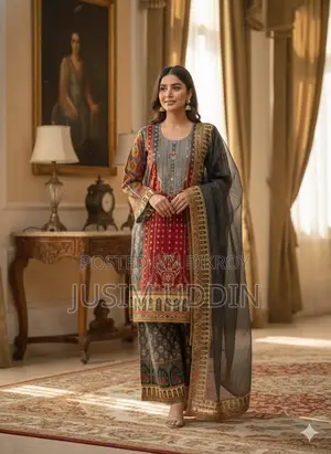 Digital Print Three Piece with Lace Work Design