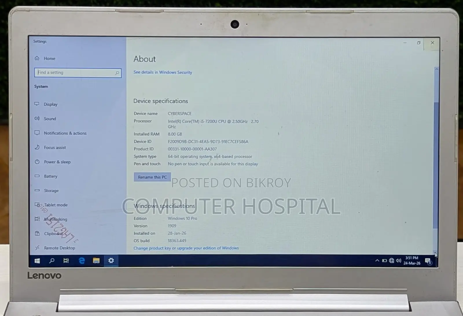 Lenovo Core i5-7th Gen_RAM-8GB SSD-120GB