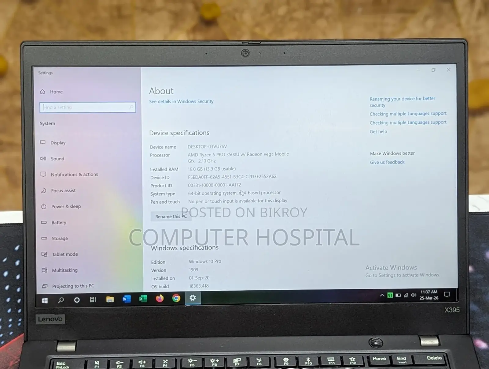 Lenovo Thinkpad X395 | AMD RYZEN 5 PRO 3500U RAM 8GB_SSD 256GB NVME