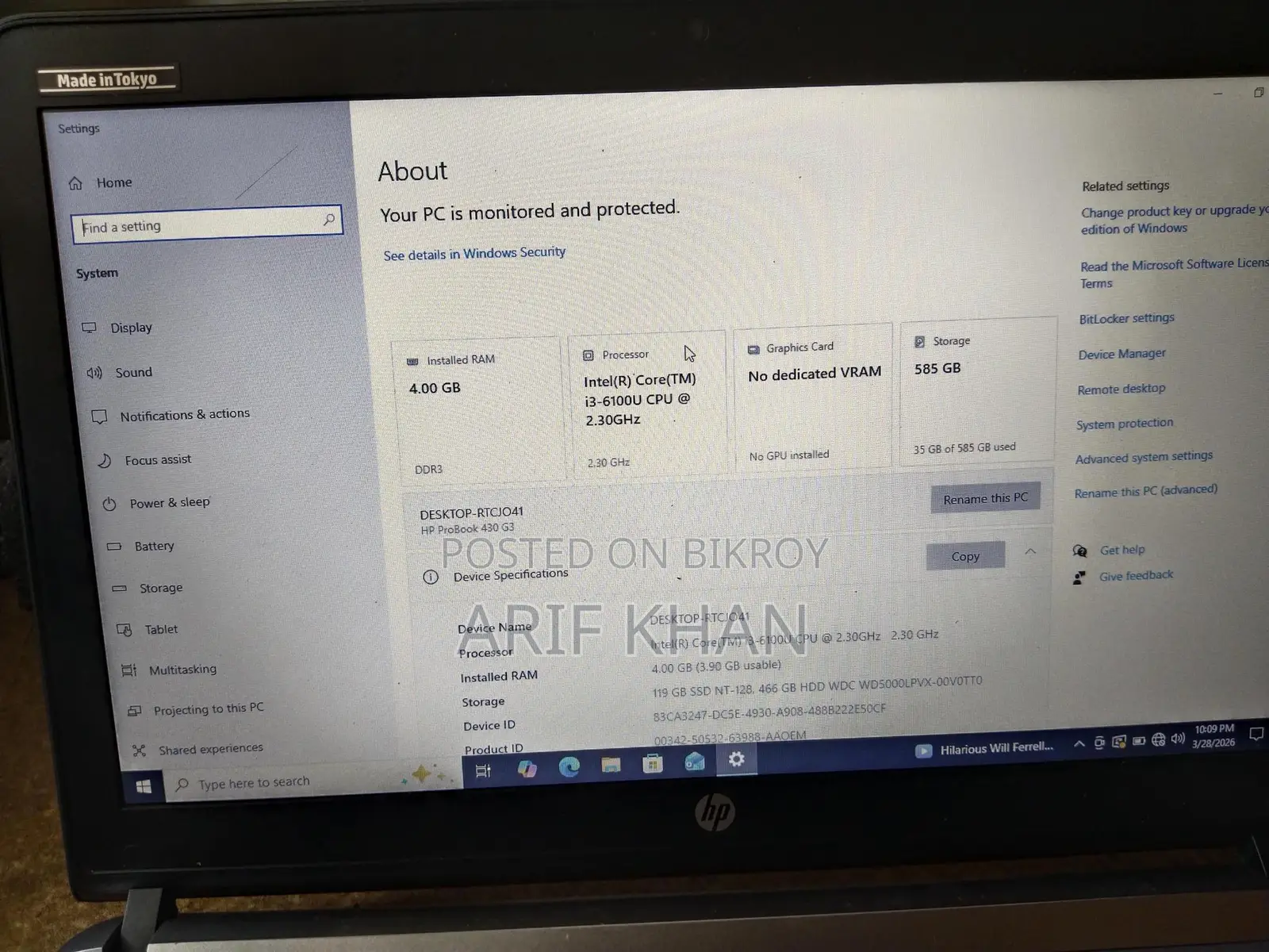 HP G3 Core i3 6th Gen, 4GB RAM, 128GB SSD, and 500GB Hard Disk