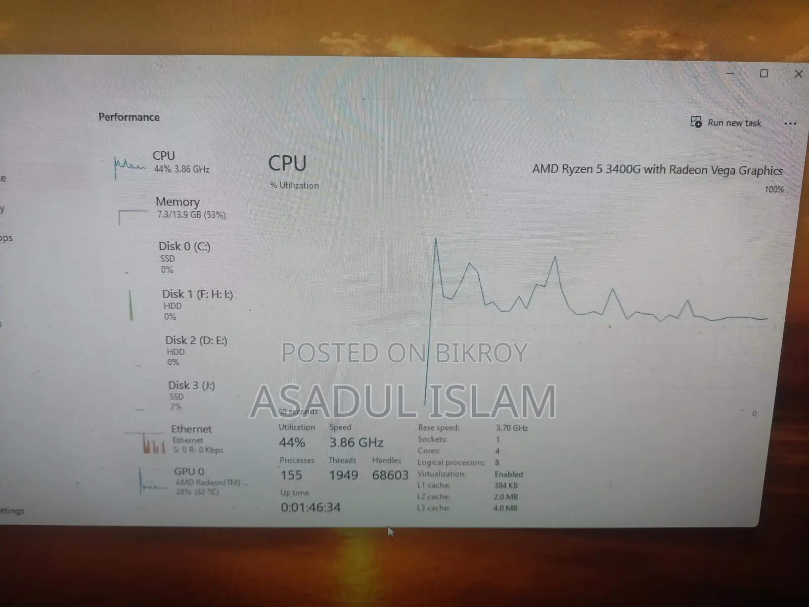 Desktop Pc Ryzen 5 3400g+dell 22 Led Borderlece Ram 16gb Ssd 256gb