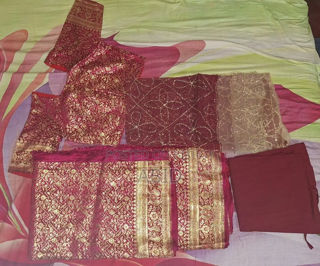 Red Katan wedding saree, blouse, and orna for sale.
