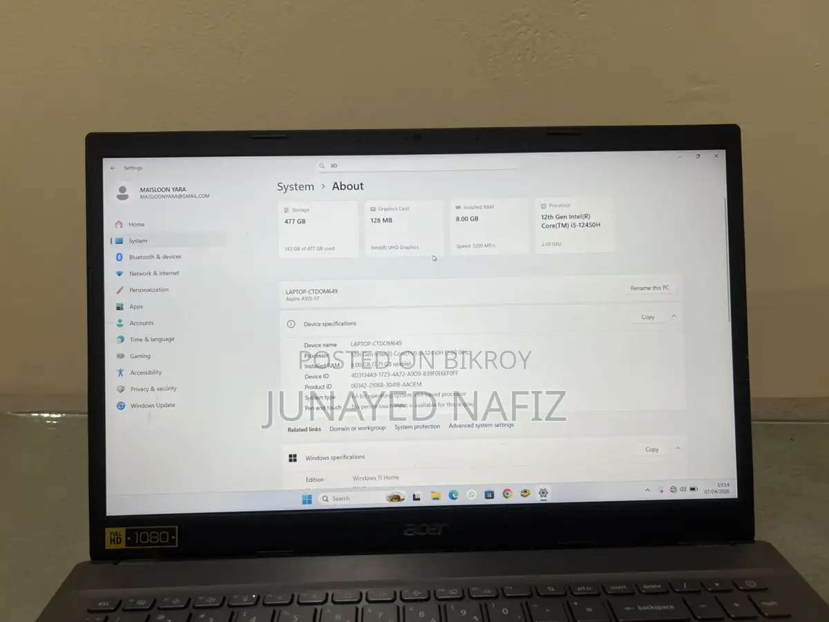 মডেল: Acer Aspire 5 A515-57 প্রসেসর: ১২তম জেনারেশন Intel Core i5-12450H