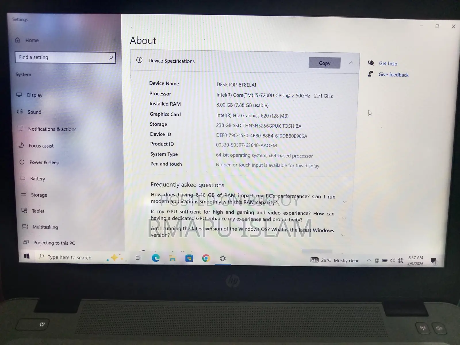 HP Elitebook G4 i5 7th Gen RAM 8GB/256GB NVMe M.2 SSD