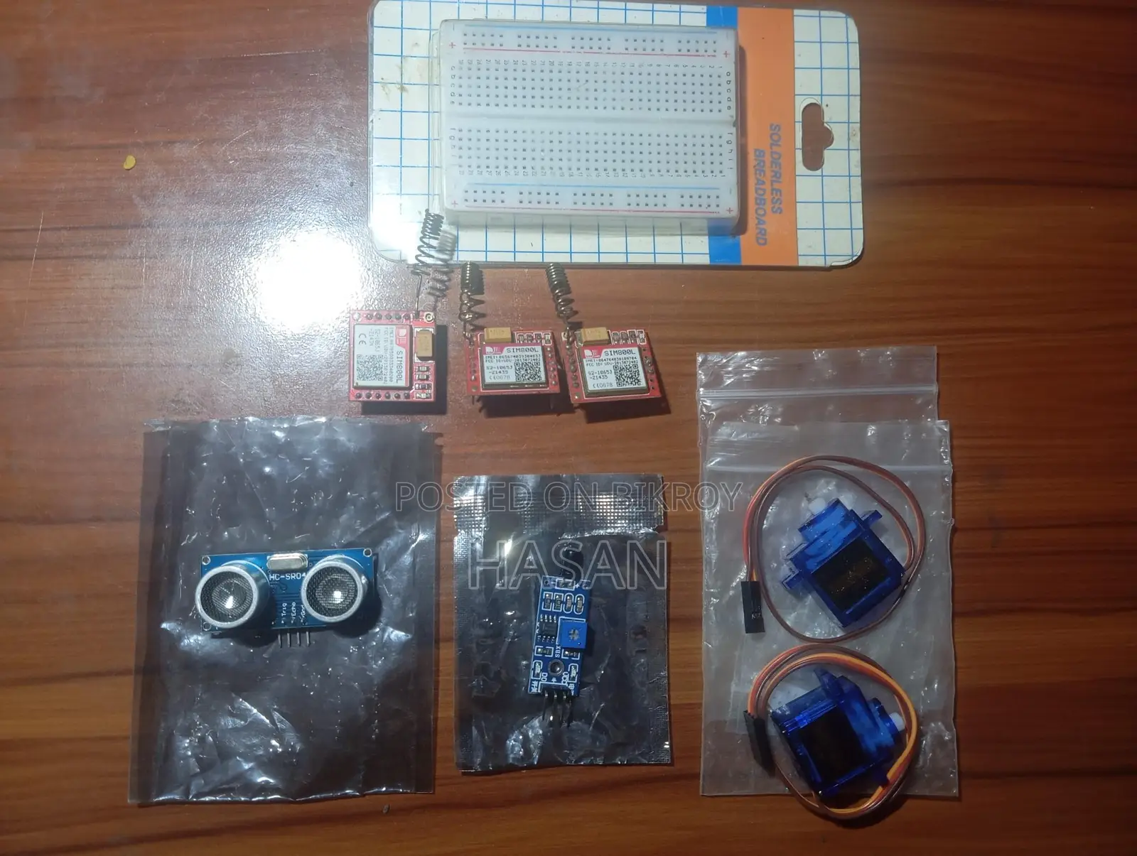 Arduino Parts: SG90, GSM Module, Ultrasonic Sensor, Flame Sensor, Breadboard