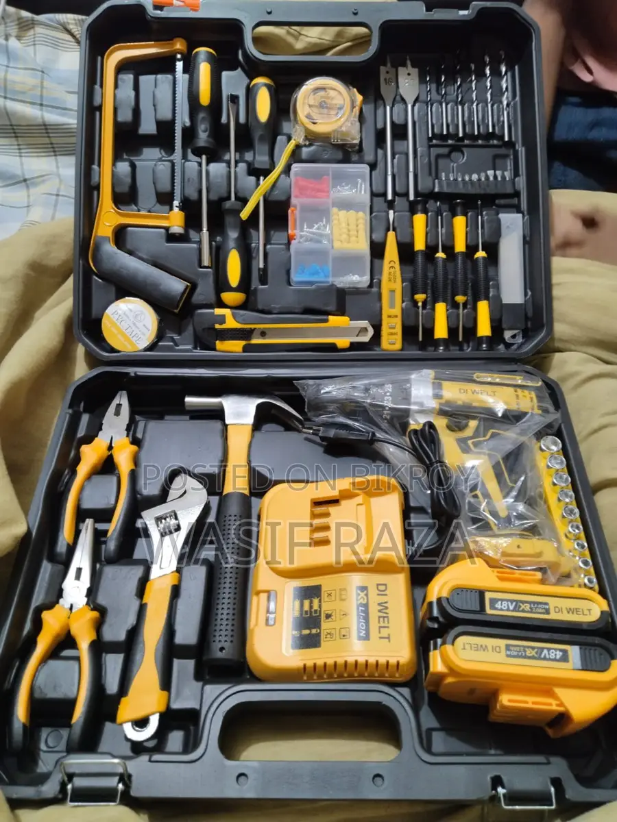 Cordless drill set with tools