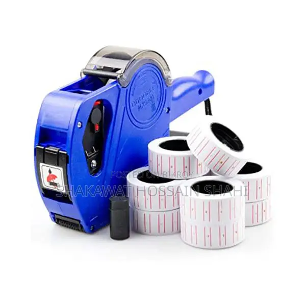 Price tag labels machine with paper sticker rolls.