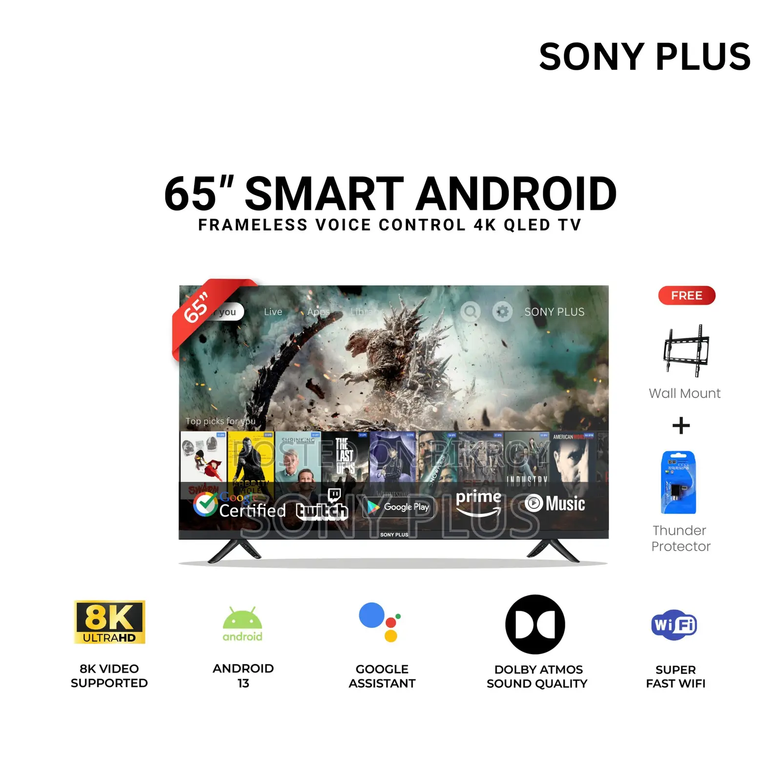 Sony Plus 65 Inch Frameless Voice Control 4K QLED Smart Android TV