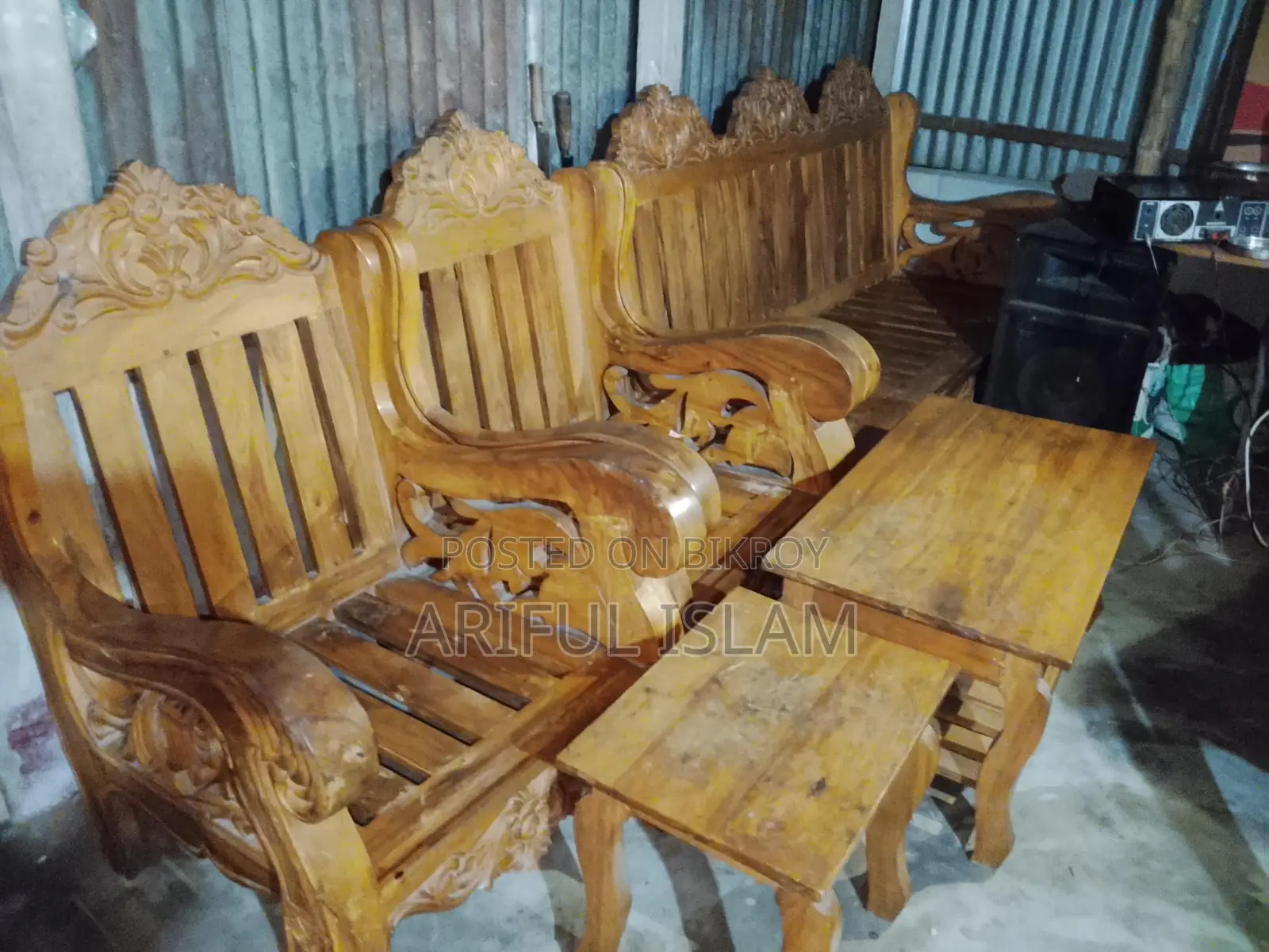 Akash Moni wood sofa set for sale with two small tables, no foam included
