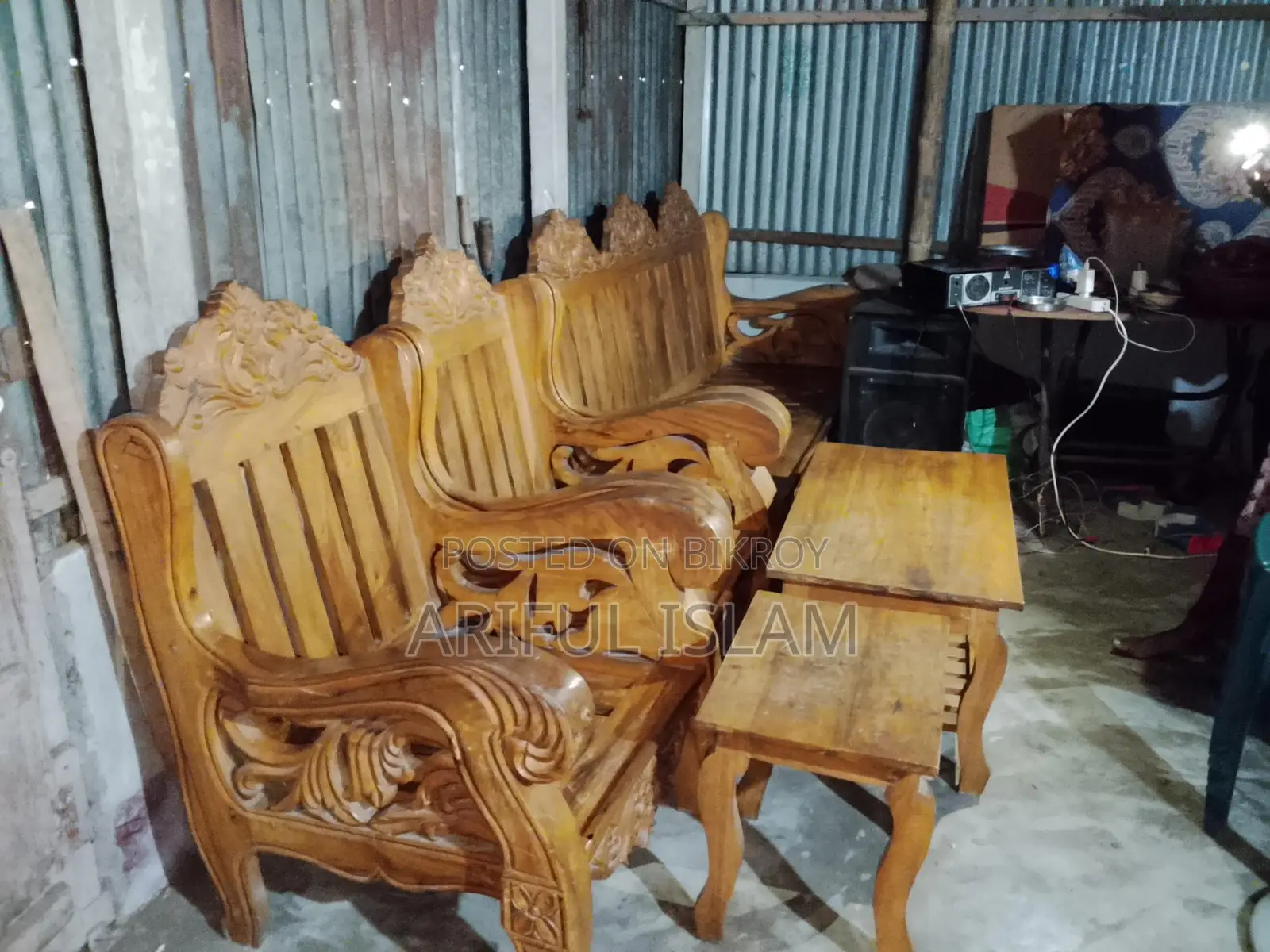 Akash Moni wood sofa set for sale with two small tables, no foam included