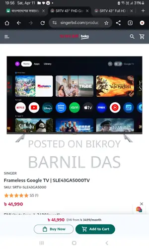 Brand New Singer 43" Frameless LED TV (SLE43GA5000) – Sealed Box