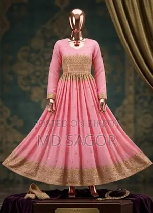 Indian Party Gown, Soft Chiffon Georgette Fabric, Golden Stone Embroidery