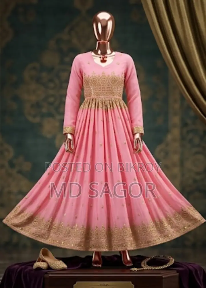 Indian Party Gown, Soft Chiffon Georgette Fabric, Golden Stone Embroidery