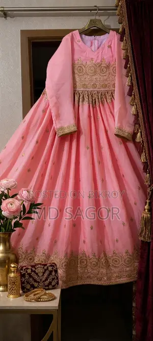 Indian Party Gown, Soft Chiffon Georgette Fabric, Golden Stone Embroidery