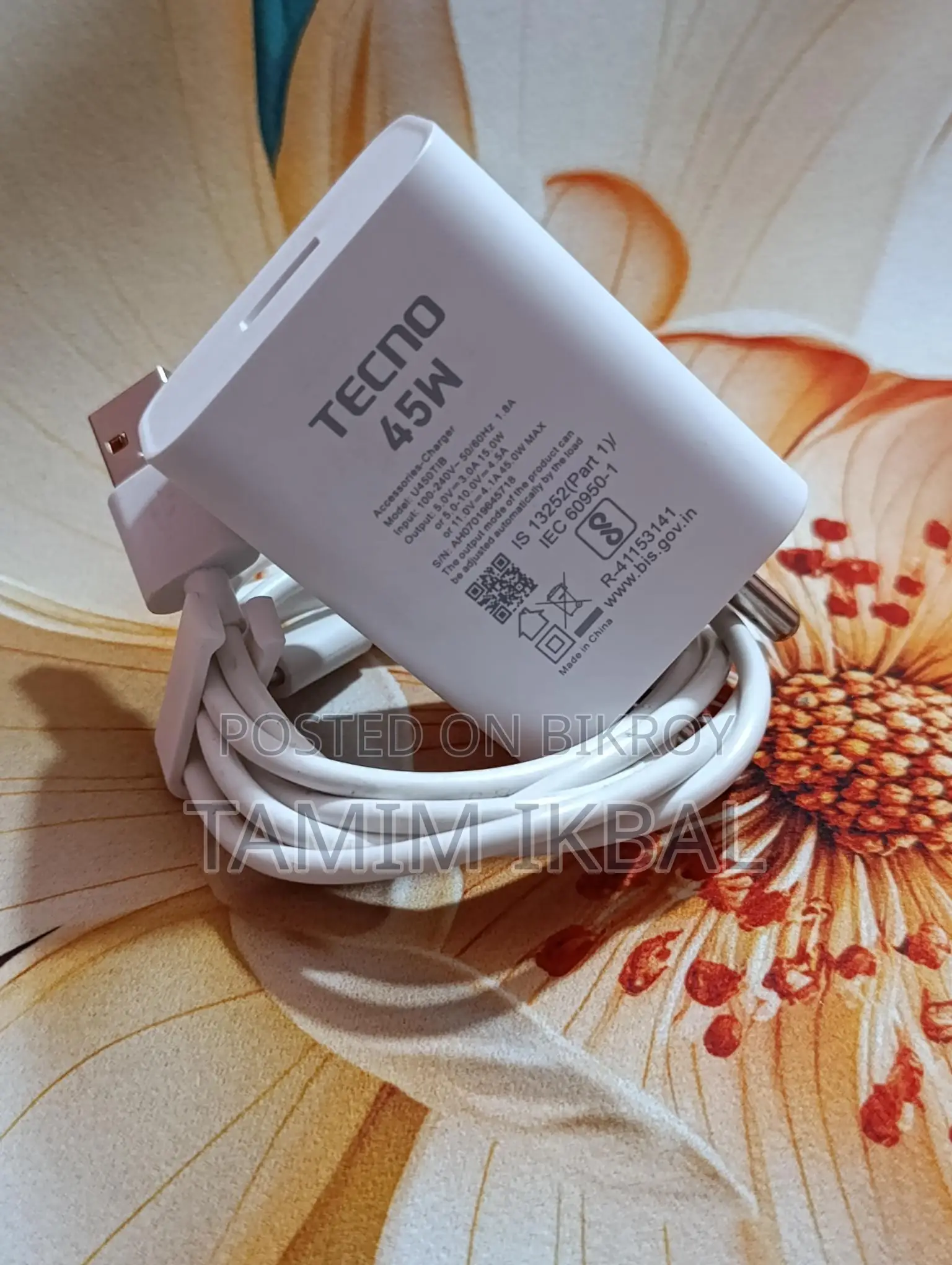 Tecno 45 Watt Orijinal Charger Indian Model