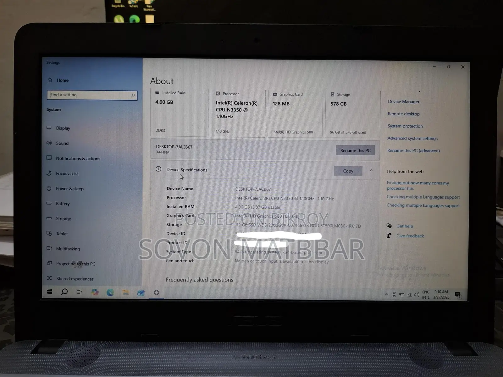 Asus Vivobook x44na 4gb ram 128ssd+500hdd