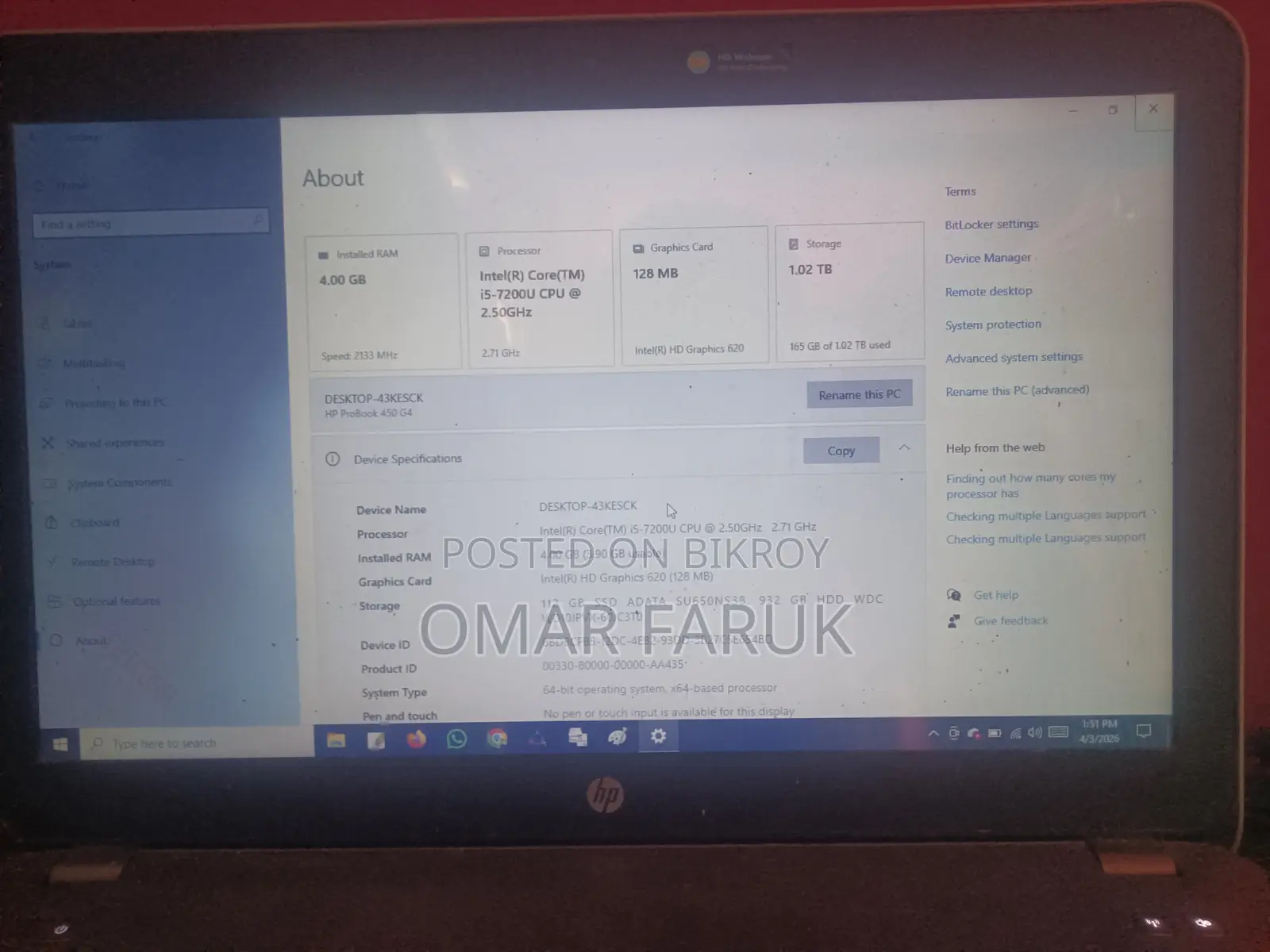 Hp Probook 450 G4 I5 7th Gen