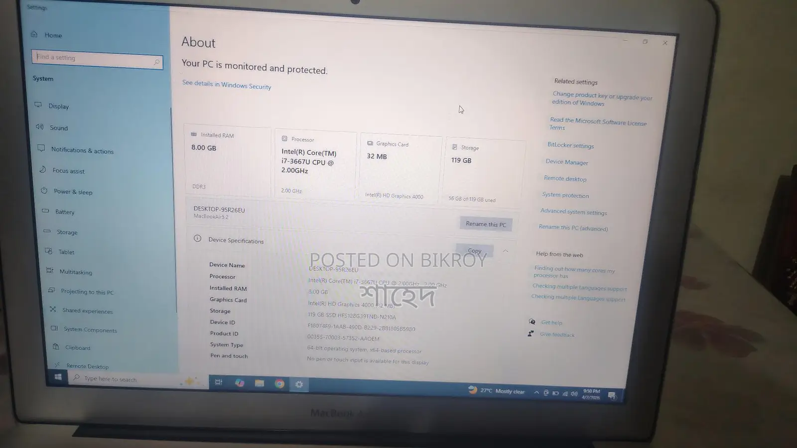 Mac book Air Core i7, ssd128