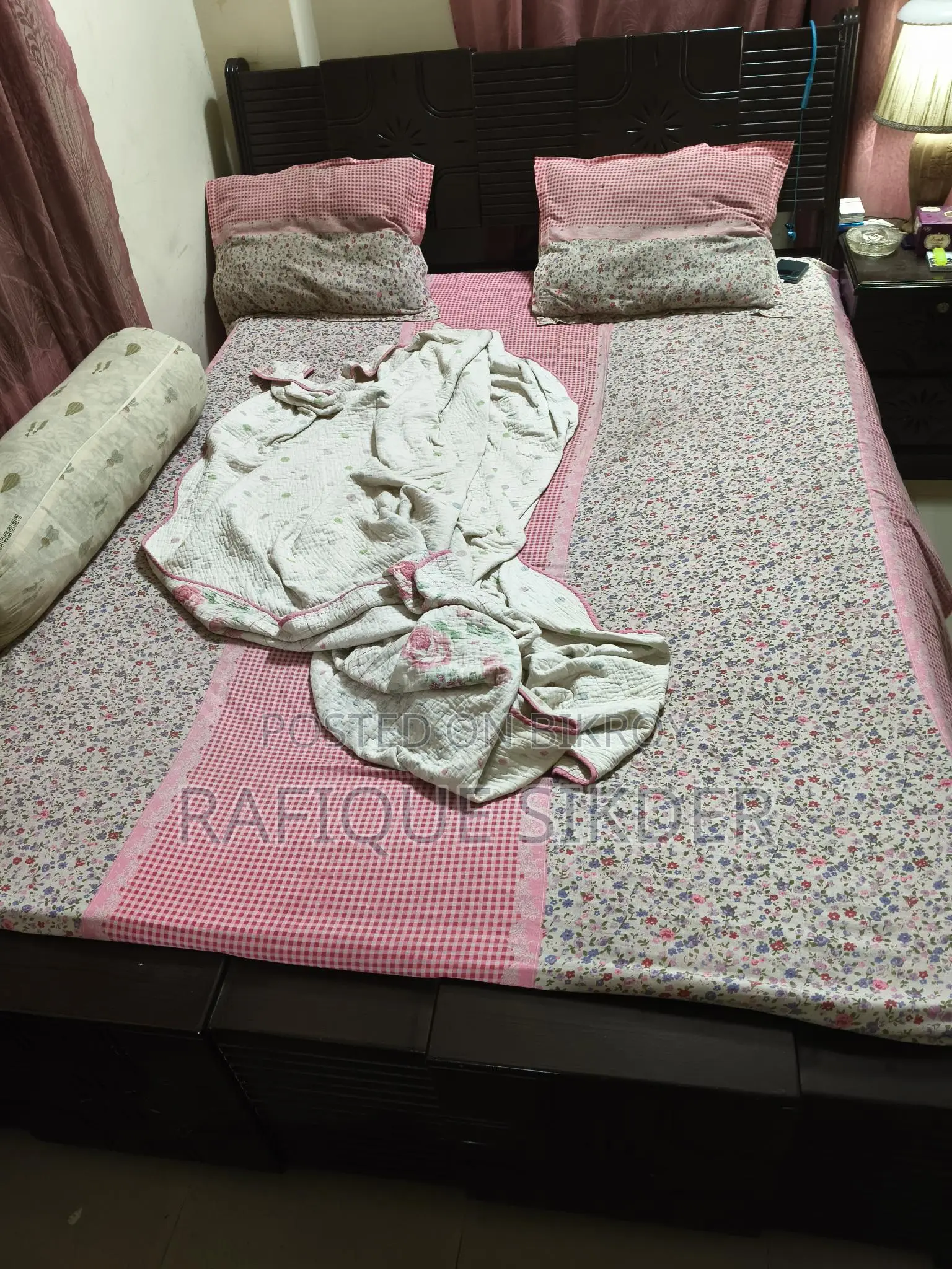 Bed, Mattress, and Bedside Table