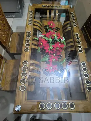 ৬ চেয়ারের কাচ ও সেগুন কাঠের ডাইনিং টেবিল Solid Segun Wood Dining