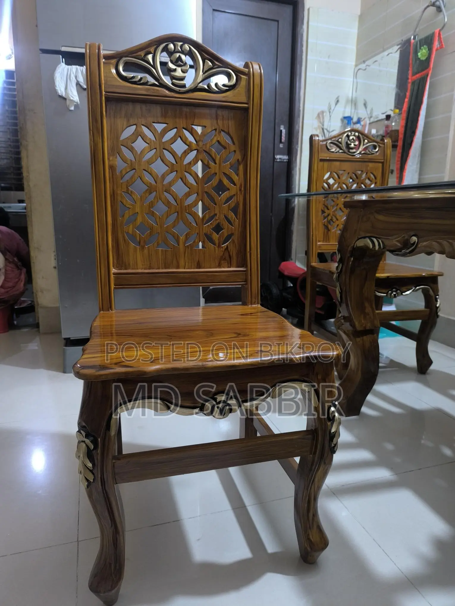 6-Chair Glass and Teak Wood Dining Table