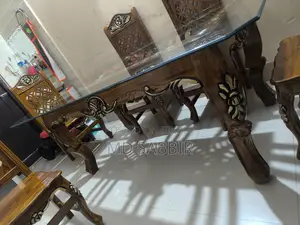 6-Chair Glass and Teak Wood Dining Table