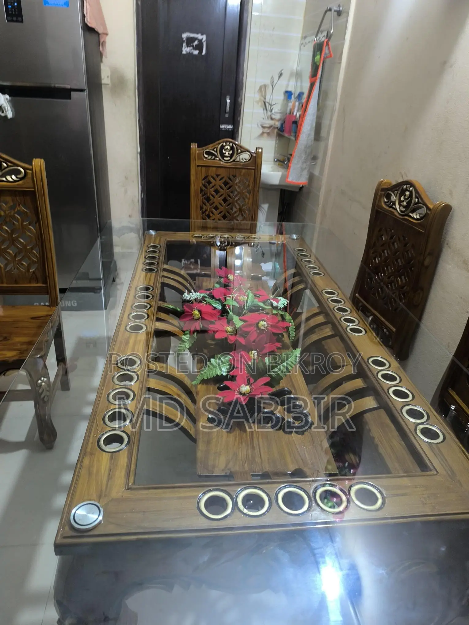 6-Chair Glass and Teak Wood Dining Table
