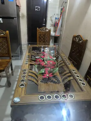 6-Chair Glass and Teak Wood Dining Table